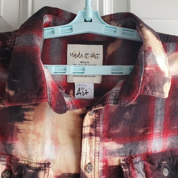 Upcycled Distressed Flannel Shirt WOODSTOCK Piece Love Music Graphic Tee Back - Picture 4 of 5